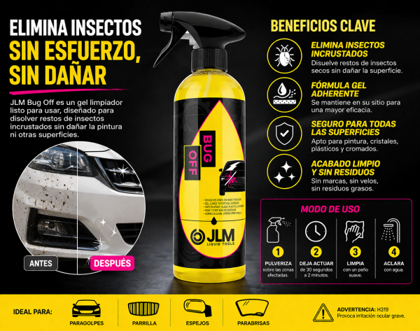 Infografía JLM Bug Off 750 ml con beneficios de eliminación de insectos y fórmula gel para coche