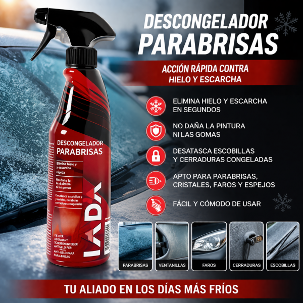 Imagen secundaria del IADA Descongelador de Parabrisas con beneficios destacados para eliminar hielo y escarcha en parabrisas, ventanillas, faros, cerraduras y escobillas