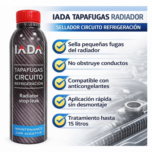 IADA tapafugas radiador 300 ml sellador circuito refrigeración sella fugas sin obstruir conductos compatible anticongelante coche
