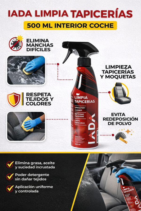 Spray IADA limpiador de tapicerías coche 500 ml elimina manchas y suciedad en tejidos