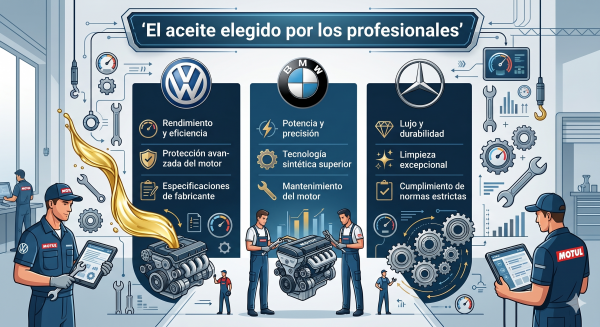 Infografía con logos de VW, BMW y Mercedes. Texto: "El aceite elegido por los profesionales"
