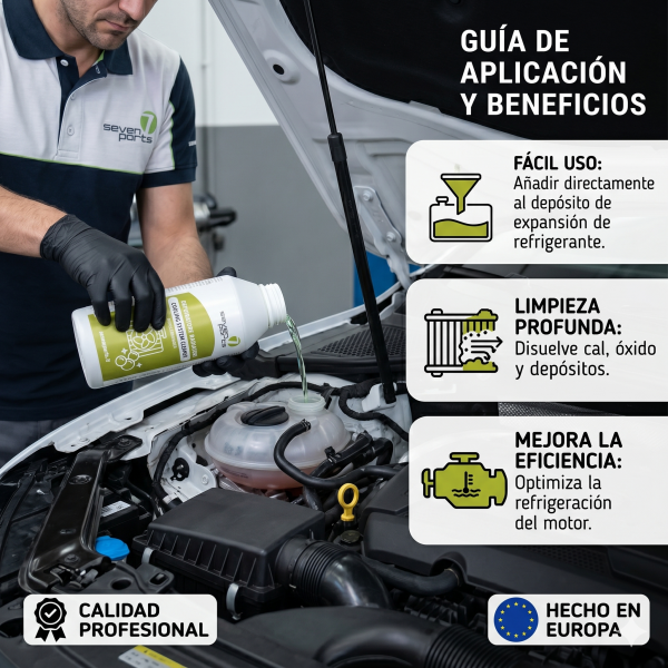 Infografía limpiador sistema de refrigeración Seven Parts SV010008 250 ml con beneficios y tecnología powered by TUNAP