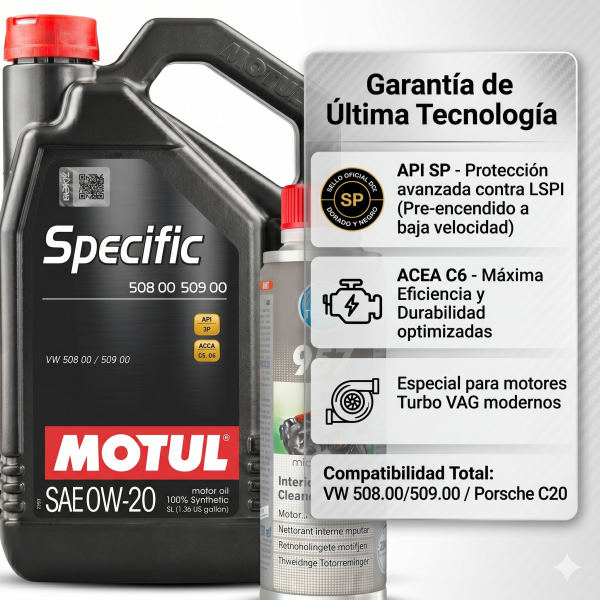 Infografía técnica especificaciones API SP ACEA C6 Motul Specific 508 509 y compatibilidad VW Porsche.
