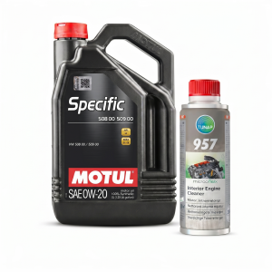 Aceite Motul Specific 508 00 509 00 0W20 5L API SP y Limpiador de Motor Tunap 957 200ml fondo blanco profesional.