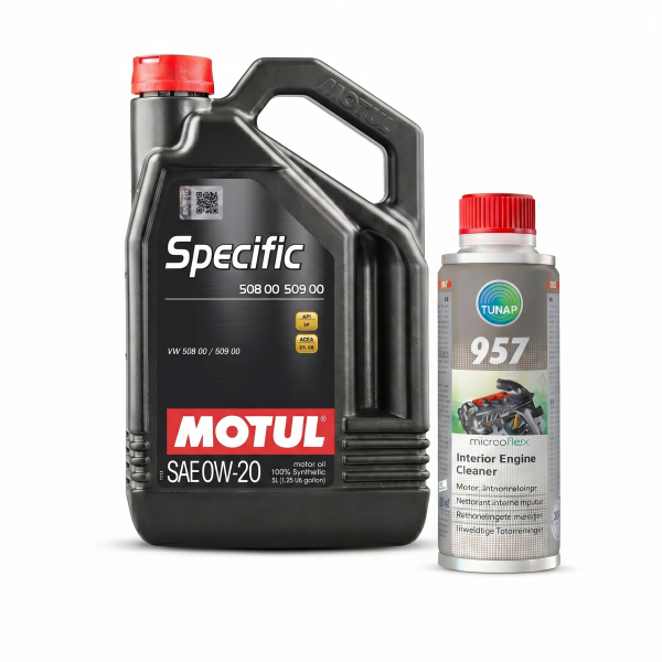 Aceite Motul Specific 508 00 509 00 0W20 5L API SP y Limpiador de Motor Tunap 957 200ml fondo blanco profesional.