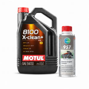Kit de mantenimiento compuesto por garrafa de 5L de Motul 8100 5W30 y bote de Tunap 957 limpiador de motor.