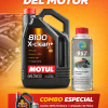 Kit de mantenimiento compuesto por garrafa de 5L de Motul 8100 5W30 y bote de Tunap 957 limpiador de motor.