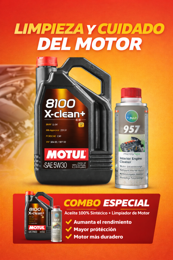 Kit de mantenimiento compuesto por garrafa de 5L de Motul 8100 5W30 y bote de Tunap 957 limpiador de motor.