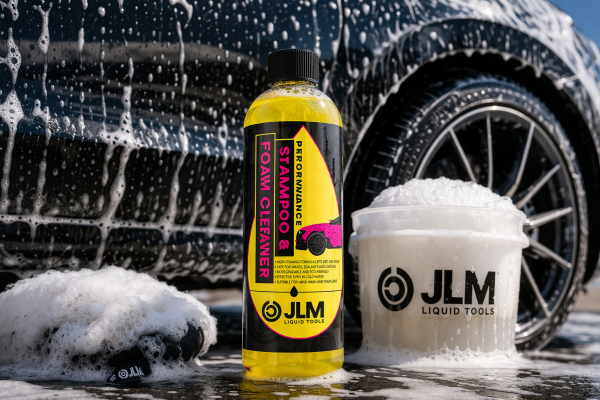 JLM Performance Shampoo & Foam Cleaner 750 ml con espuma activa junto a coche en proceso de lavado