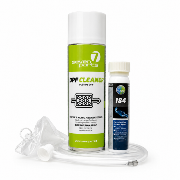 Kit limpieza filtro de partículas DPF/FAP Seven Parts con TUNAP 184, limpiador directo y aditivo preventivo para mantenimiento del sistema antipartículas diésel.