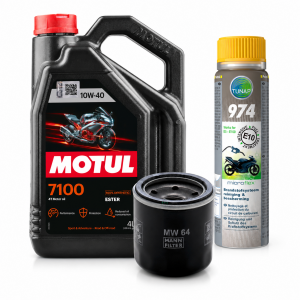 Pack mantenimiento moto 4T con Motul 7100 10W40 4L, filtro MANN MW 64 y TUNAP 974