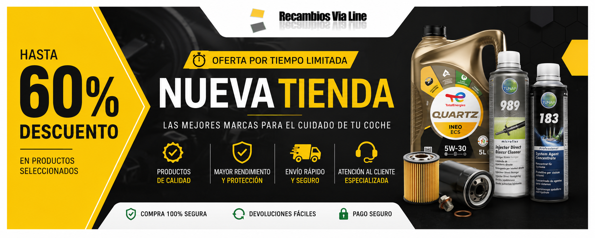 Banner Recambios Vialine nueva tienda online con descuentos en recambios, aceites, filtros y aditivos para automóvil