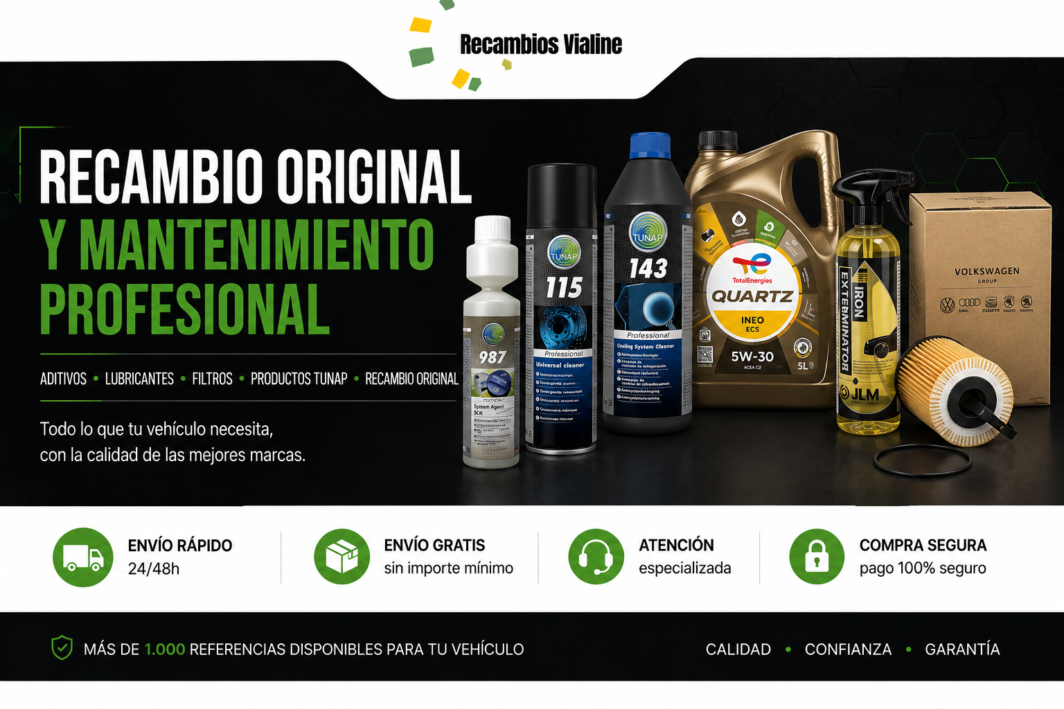 Banner Recambios Vialine nueva tienda online con descuentos en recambios, aceites, filtros y aditivos para automóvil