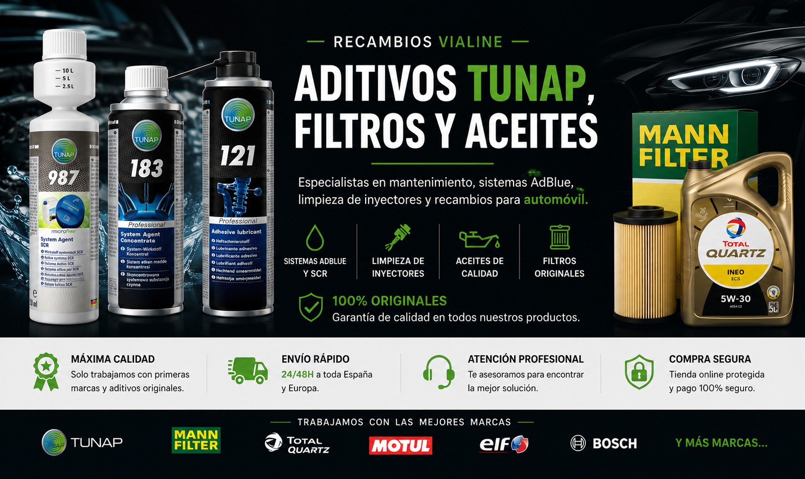 Banner de Recambios Vialine con aditivos TUNAP originales, filtros MANN y aceite Total Quartz. Especialistas en sistemas AdBlue, limpieza de inyectores, filtros y mantenimiento del automóvil con envío rápido en España y Europa.