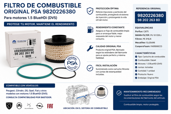 Infografía del filtro de combustible original PSA 9820226380 para motores 1.5 BlueHDi DV5, con juntas incluidas, equivalencias y compatibilidad por bastidor.