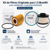 Infografía del kit de filtros originales para motor 1.5 BlueHDi DV5, con filtro de aceite 1680682480 y filtro de combustible 9820226380, juntas incluidas y compatibilidad por bastidor.