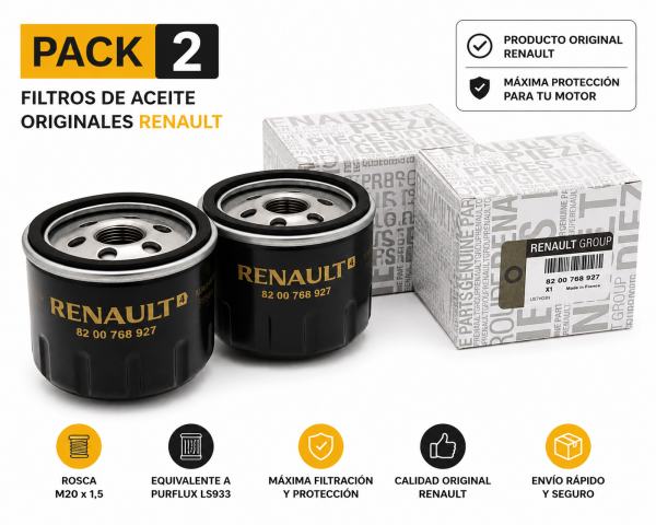 Infografía del pack de 2 filtros de aceite originales Renault 8200768927 para motores 1.5 dCi, equivalentes a Purflux LS933, con rosca M20 x 1,5 y compatibilidad para Renault, Dacia y Nissan.