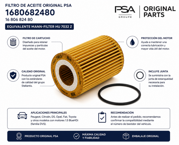 Infografía del filtro de aceite original PSA 1680682480 para motores 1.5 BlueHDi, equivalente a MANN-FILTER HU 7032 z, con junta incluida.
