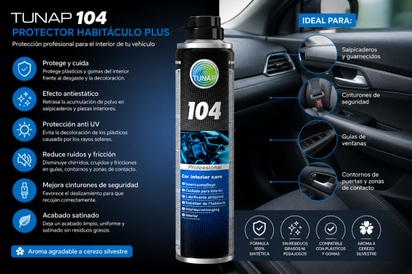 TUNAP 104 Protector Habitáculo Plus 400 ml para salpicadero, plásticos, gomas, guías de ventanas y cinturones de seguridad con efecto antiestático y protección anti UV. TUNAP 104 MP Protector Habitáculo Plus 400 ml
