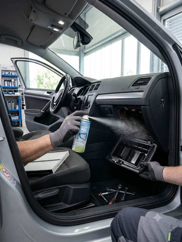 Aplicación de spray TUNAP 996 en el compartimento del filtro de polen del coche por un mecánico.