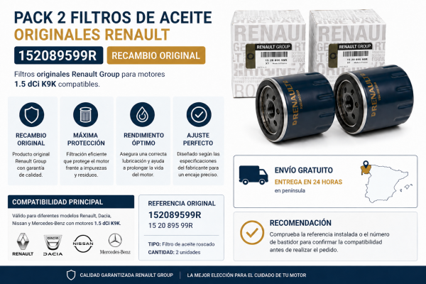 Pack 2 Filtros de Aceite Originales Renault 152089599R para Motor 1.5 dCi
