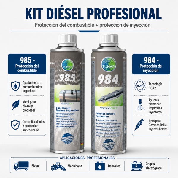 Infografía del kit TUNAP 985 + 984 para tratamiento de combustible diésel, biodiésel y protección de inyectores en uso profesional.