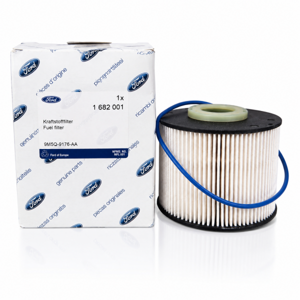 Filtro de combustible Original Ford 1682001 con caja Ford Genuine Parts y junta tórica. Equivalente MANN PU927X.