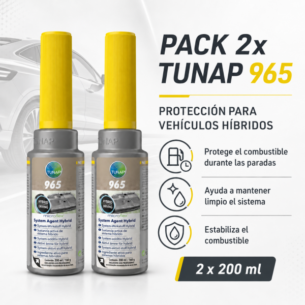 Pack de 2 unidades TUNAP microflex 965 de 200 ml para vehículos híbridos, ayuda a estabilizar el combustible, protegerlo durante las paradas y mantener limpio el sistema.