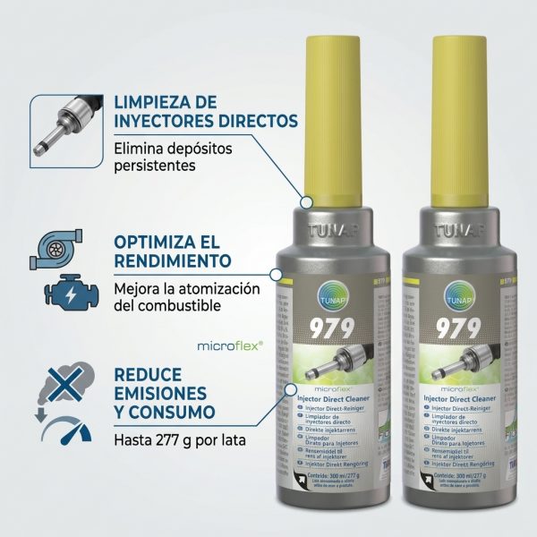 Infografía de producto de un pack de dos botes de TUNAP 979 microflex Injector Direct Cleaner. A la izquierda, iconos y texto en español detallan sus beneficios: "LIMPIEZA DE INYECTORES DIRECTOS (Elimina depósitos persistentes)", "OPTIMIZA EL RENDIMIENTO (Mejora la atomización del combustible)" y "REDUCE EMISIONES Y CONSUMO (Hasta 277 g por lata)". El fondo es gris claro y limpio.