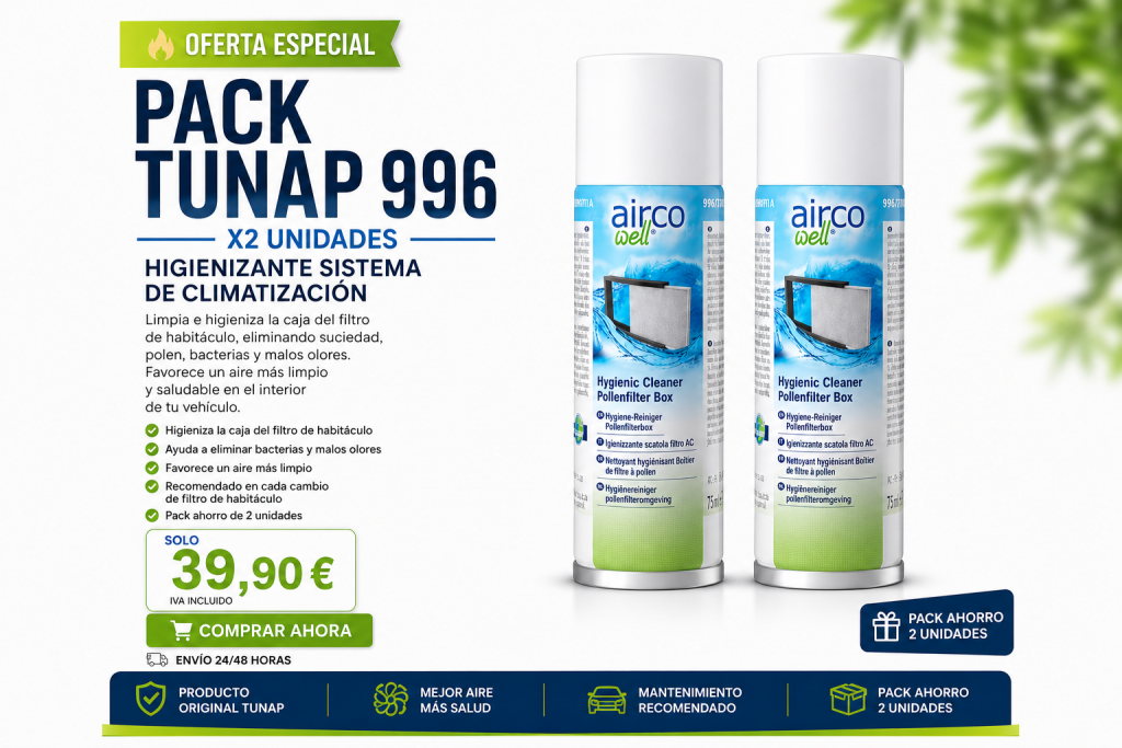 Oferta especial Pack 2 TUNAP 996 Airco Well Original para limpieza e higienización del sistema de climatización y de la caja del filtro de habitáculo por 39,90 €.