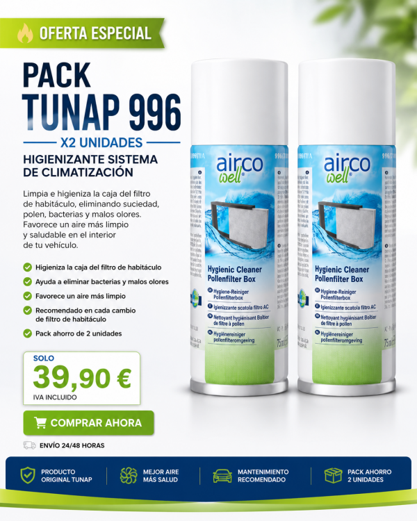 Oferta Pack 2 TUNAP 996 Airco Well higienizante para sistema de climatización, dos unidades originales para limpieza de la caja del filtro de habitáculo.