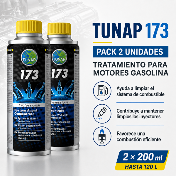 Pack 2 TUNAP 173 de 200 ml para limpiar inyectores y sistema de combustible en motores gasolina