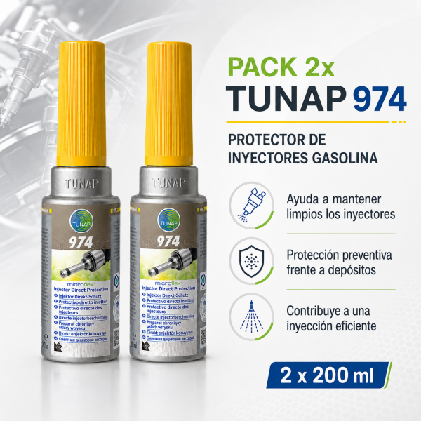 Pack de 2 unidades TUNAP microflex 974 de 200 ml, protección preventiva frente a depósitos para mantener limpios los inyectores de gasolina.