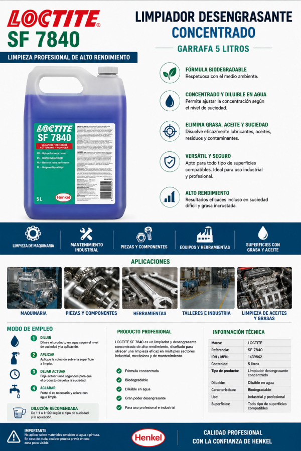 LOCTITE SF 7840 limpiador desengrasante concentrado biodegradable 5 litros para maquinaria, piezas, herramientas y mantenimiento industrial