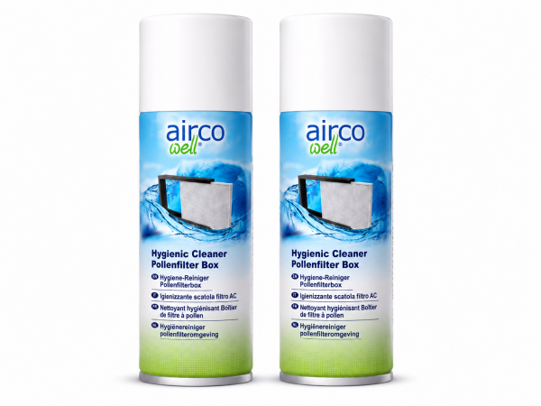 Pack de 2 TUNAP 996 Airco Well higienizante para caja del filtro de habitáculo sobre fondo blanco, producto original para limpieza del sistema de climatización del vehículo.