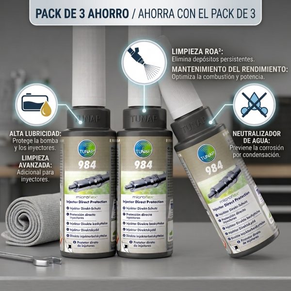 Pack de 3 botes de aditivo diésel TUNAP microflex 984 de 200 ml con infografía explicativa de sus beneficios: tecnología de limpieza ROA2 contra depósitos persistentes, lubricación avanzada para bomba e inyectores y neutralizador de agua para prevenir la corrosión.
