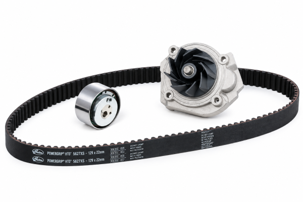 Kit de distribución Gates KP15627XS con correa 5627XS, tensor y bomba de agua sobre fondo blanco