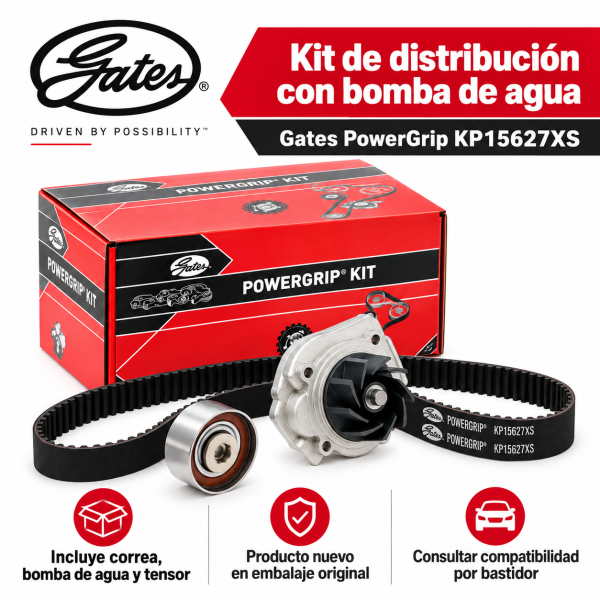 Infografía Gates PowerGrip KP15627XS con bomba de agua, correa, tensor y comprobación de compatibilidad por bastidor