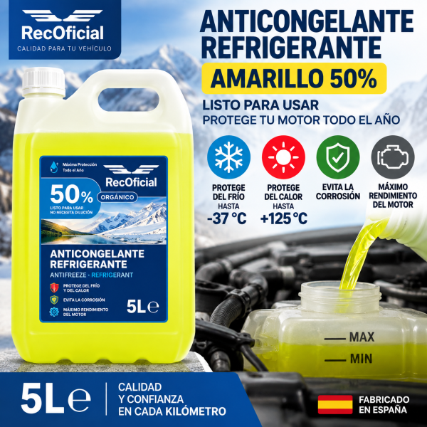 Anticongelante amarillo RecOficial 50% 5 litros con protección del circuito de refrigeración