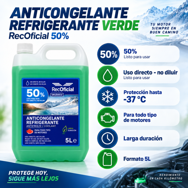 Anticongelante verde RecOficial 50% 5 litros con protección hasta -37 °C