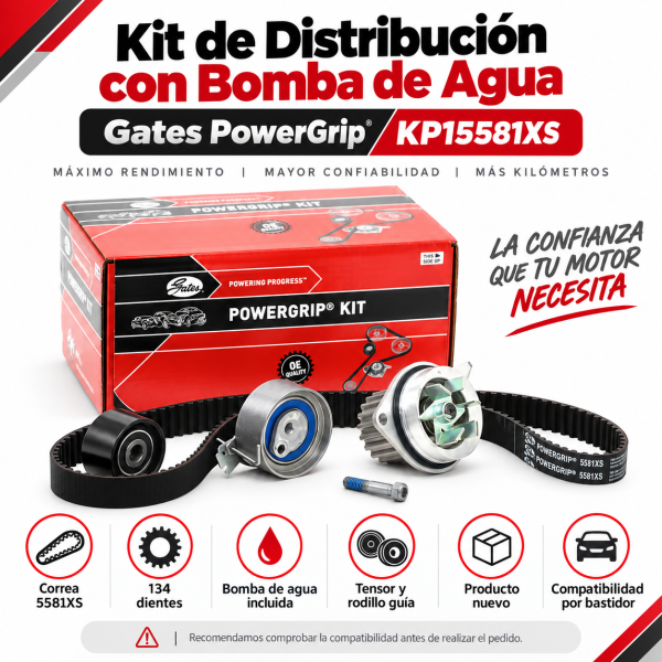 Infografía del kit de distribución Gates PowerGrip KP15581XS con bomba de agua, correa 5581XS, tensor, rodillo guía y compatibilidad Citroën Peugeot
