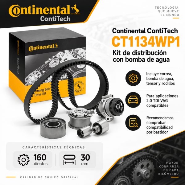 Infografía del kit de distribución Continental CT1134WP1 con bomba de agua, correa de 160 dientes, tensor, rodillos y compatibilidad 2.0 TDI VAG