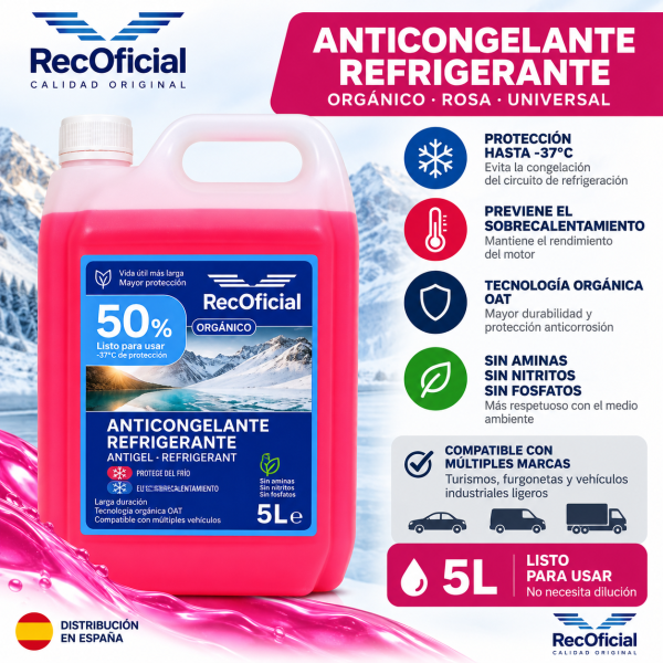 Anticongelante Rosa RecOficial 5L listo para usar protección -37 grados