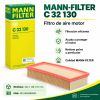 Infografía del filtro de aire motor MANN-FILTER C 32 130 con caja original, medidas 322 × 128 × 67 mm y EAN 4011558389505. Filtración de polvo y partículas para proteger el motor.
