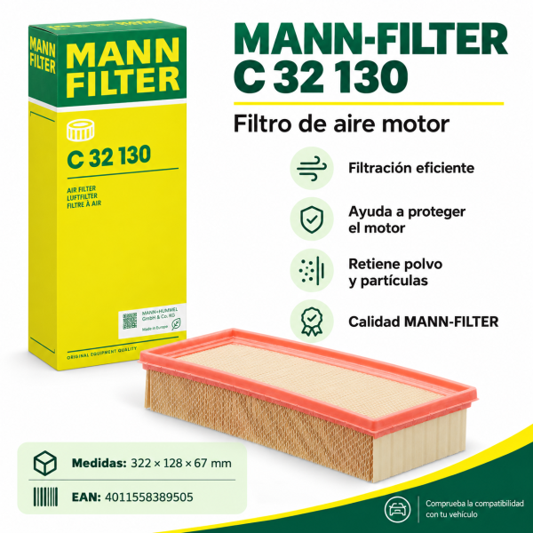 Infografía del filtro de aire motor MANN-FILTER C 32 130 con caja original, medidas 322 × 128 × 67 mm y EAN 4011558389505. Filtración de polvo y partículas para proteger el motor.