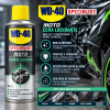 WD-40 Specialist Moto Cera y Brillo 400 ml, infografía de beneficios: brillo intenso, protección contra suciedad y humedad, efecto repelente al agua y fórmula con cera de carnauba.