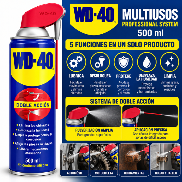 WD-40 Multiusos 500 ml, lubricante que desbloquea mecanismos, desplaza la humedad, limpia y protege contra la corrosión