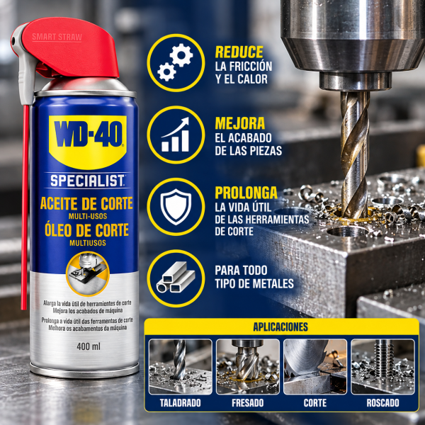 WD-40 Specialist Aceite de Corte Multiusos 400 ml, lubricante en aerosol con Smart Straw para taladrado, corte y mecanizado de metales.