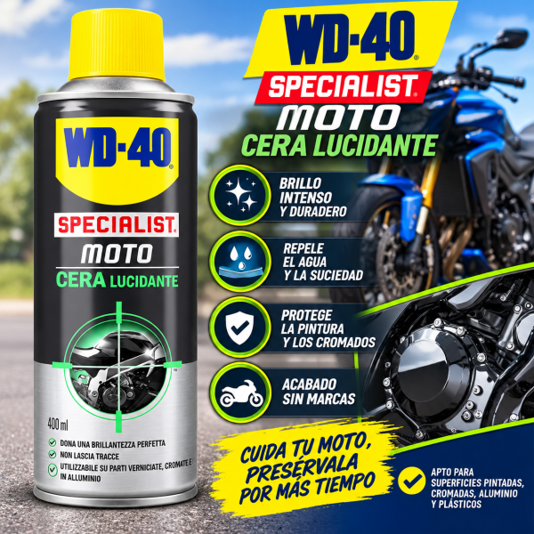 WD-40 Specialist Moto Cera Lucidante 400 ml, spray protector que aporta brillo duradero, repele el agua y protege la pintura y los cromados de motocicletas.
