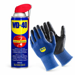 WD-40 Multiusos Doble Acción 500 ml con par de guantes de trabajo azul y negro, pack promocional de lubricante y aflojatodo para mantenimiento.